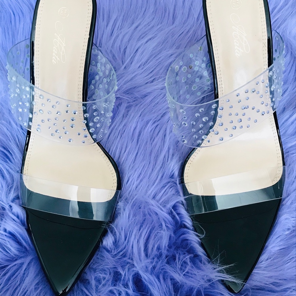 Black Sparkle Lucite Pointed Open Toe Stiletto - Picture 2 of 10